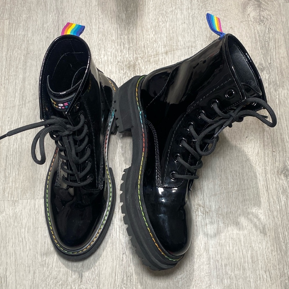 Kurt Geiger Birdie Rainbow Combat Boots Patent Leather